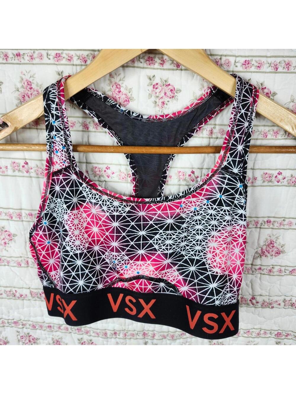 Victoria's Secret VSX Sports Bra - Pink & Black Geometric Print, Medium Support